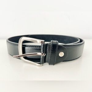 Classic Black Leather Belt with Silver Buckle 38-40” Large